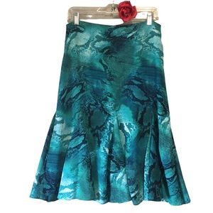 Chico’s Snake print reptile Flounce skirt Sz Sm (1) teal mermaid style EUC